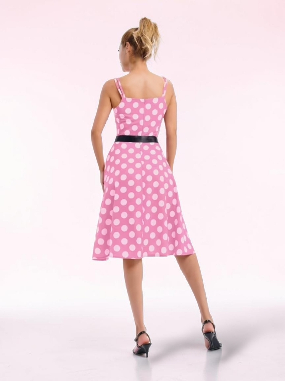 IWEMEK - Small Pink Polka Dot A-Line Dress with Black Waist Tie - Picture 3 of 10